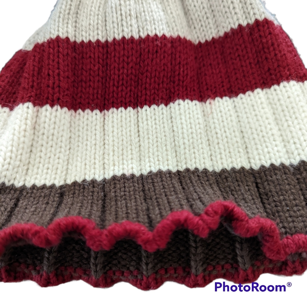 Margot Beanie Brown White Red Wool Blend Winter Cold Weather Hat Scalloped Edge